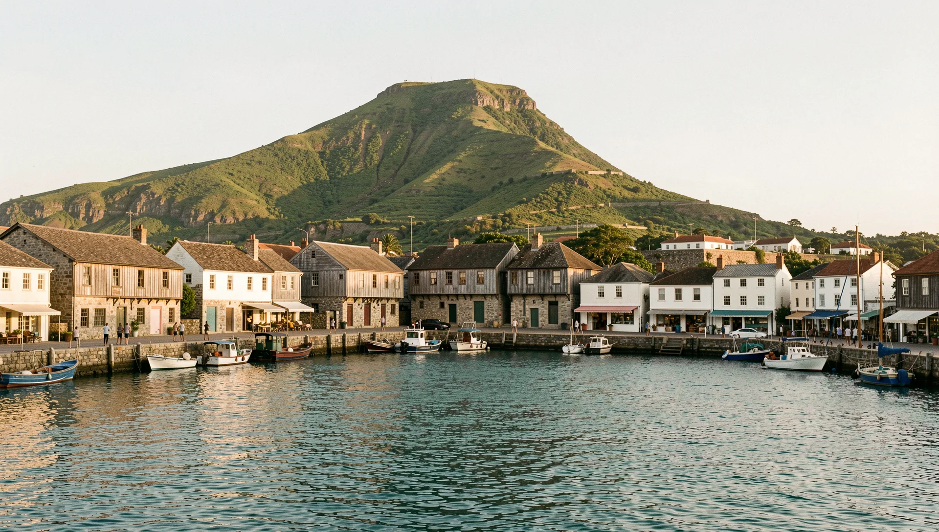 Basseterre, Saint Kitts and Nevis, seen from the water at golden hour