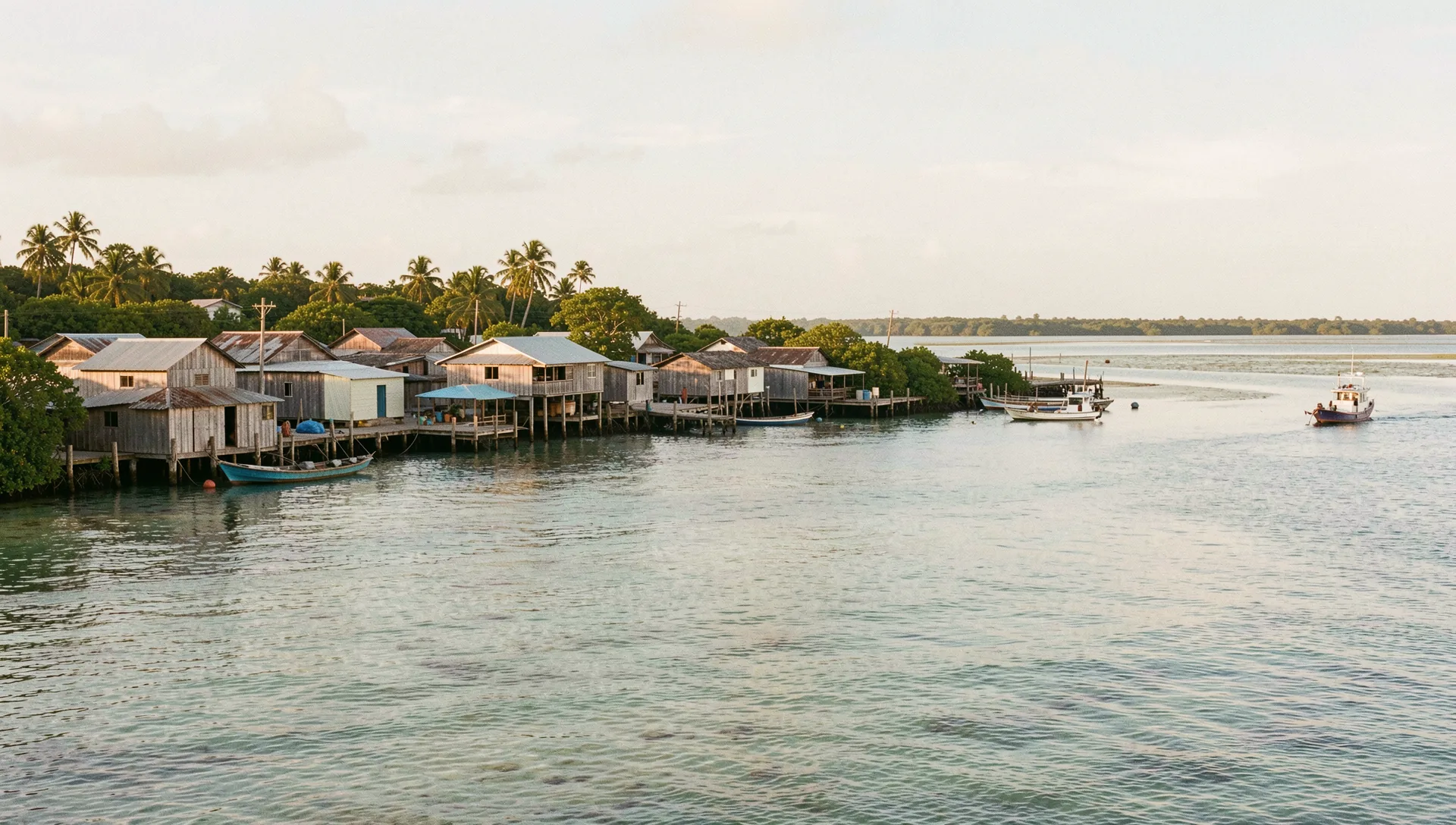 Belize City, Belize, seen from the water at golden hour