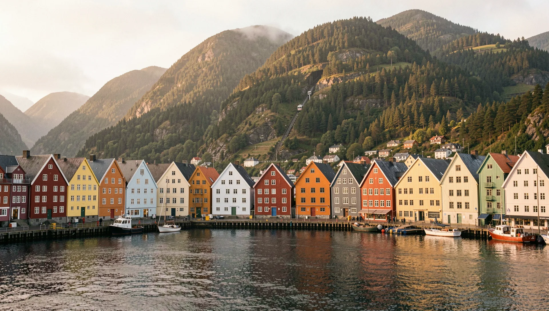 Bergen, Norway, seen from the water at golden hour