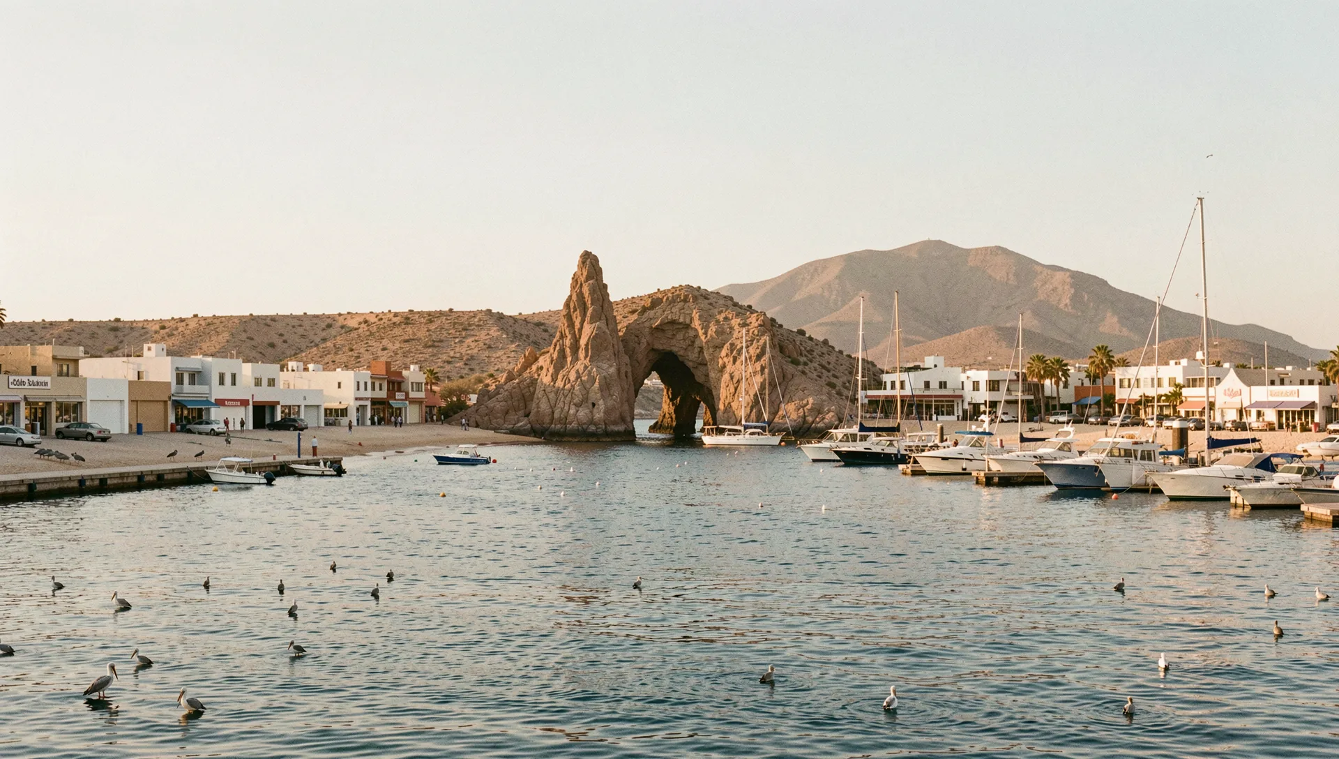Cabo San Lucas, Mexico, seen from the water at golden hour