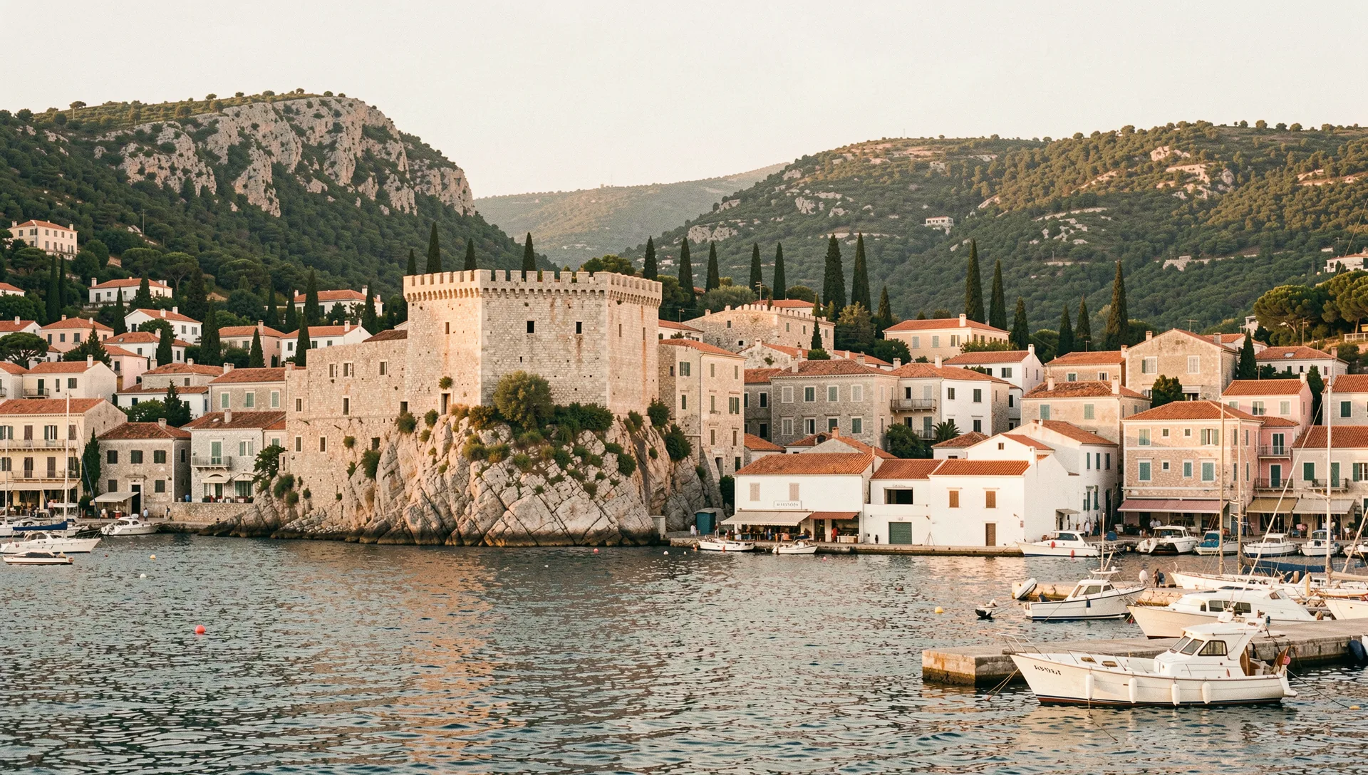Corfu, Greece, seen from the water at golden hour