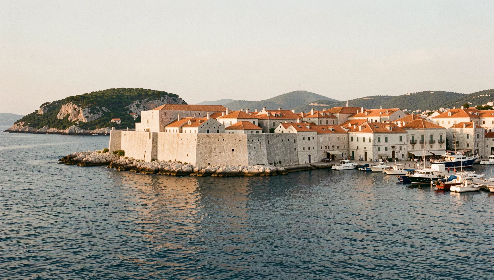 Dubrovnik, Croatia, seen from the water at golden hour