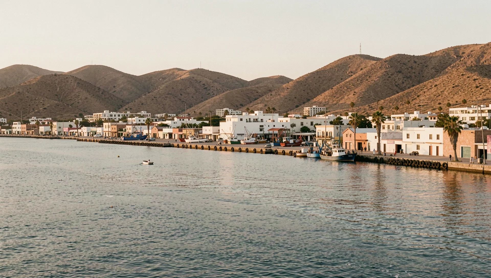 Ensenada, Mexico, seen from the water at golden hour