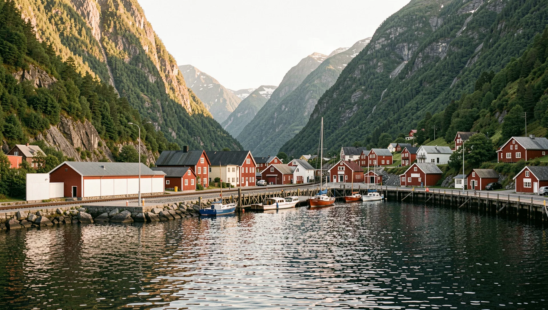 Flåm, Norway, seen from the water at golden hour