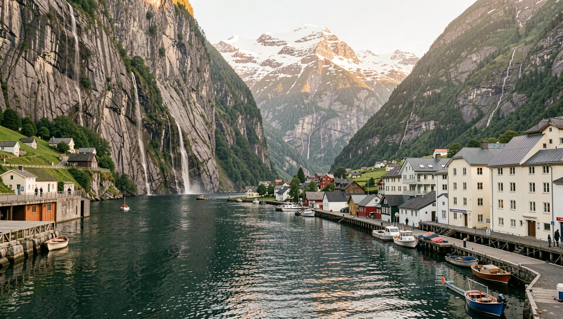 Geiranger, Norway, seen from the water at golden hour