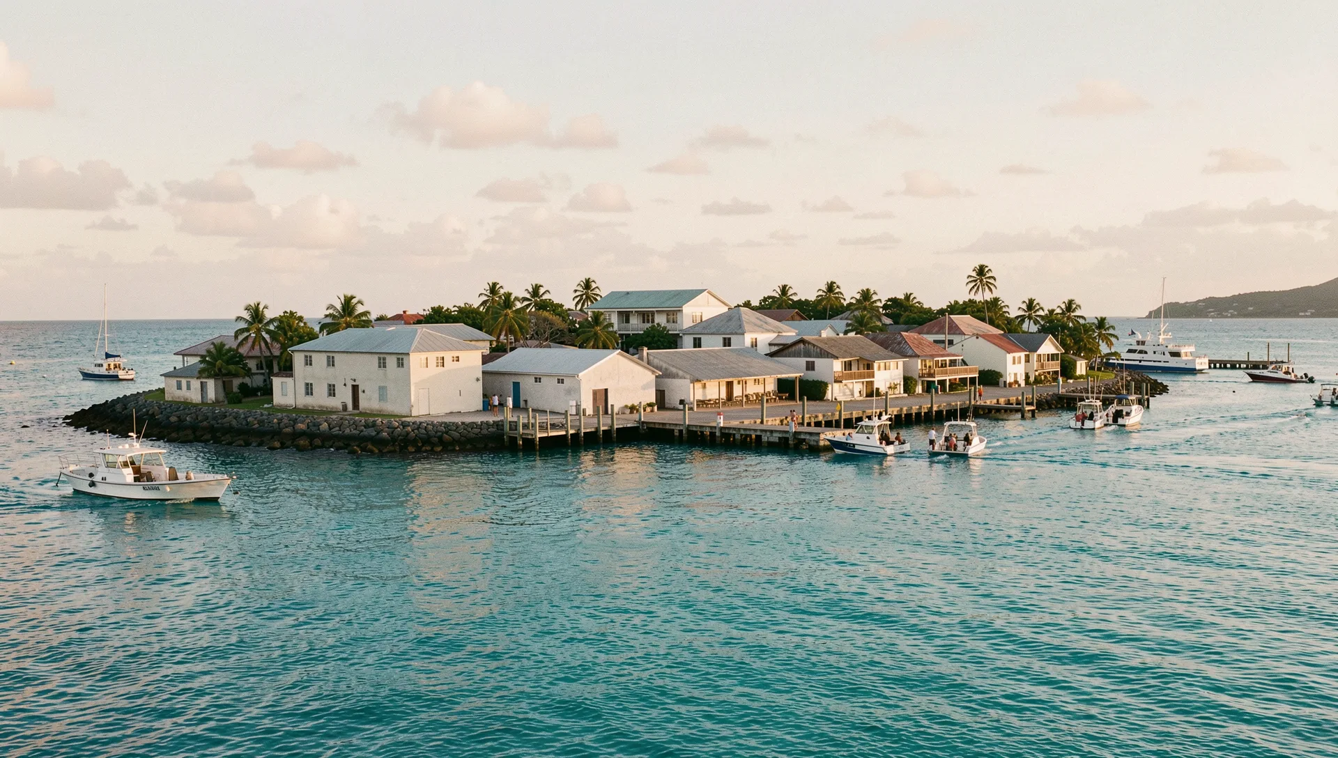 George Town, Cayman Islands, seen from the water at golden hour