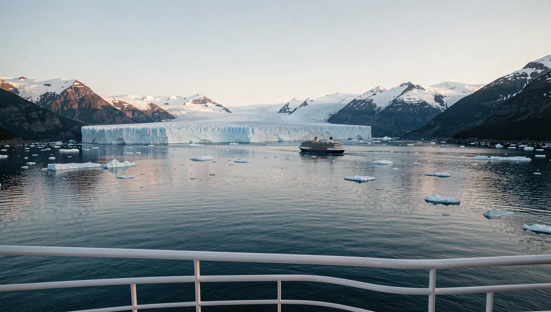 Glacier Bay, United States, seen from the water at golden hour