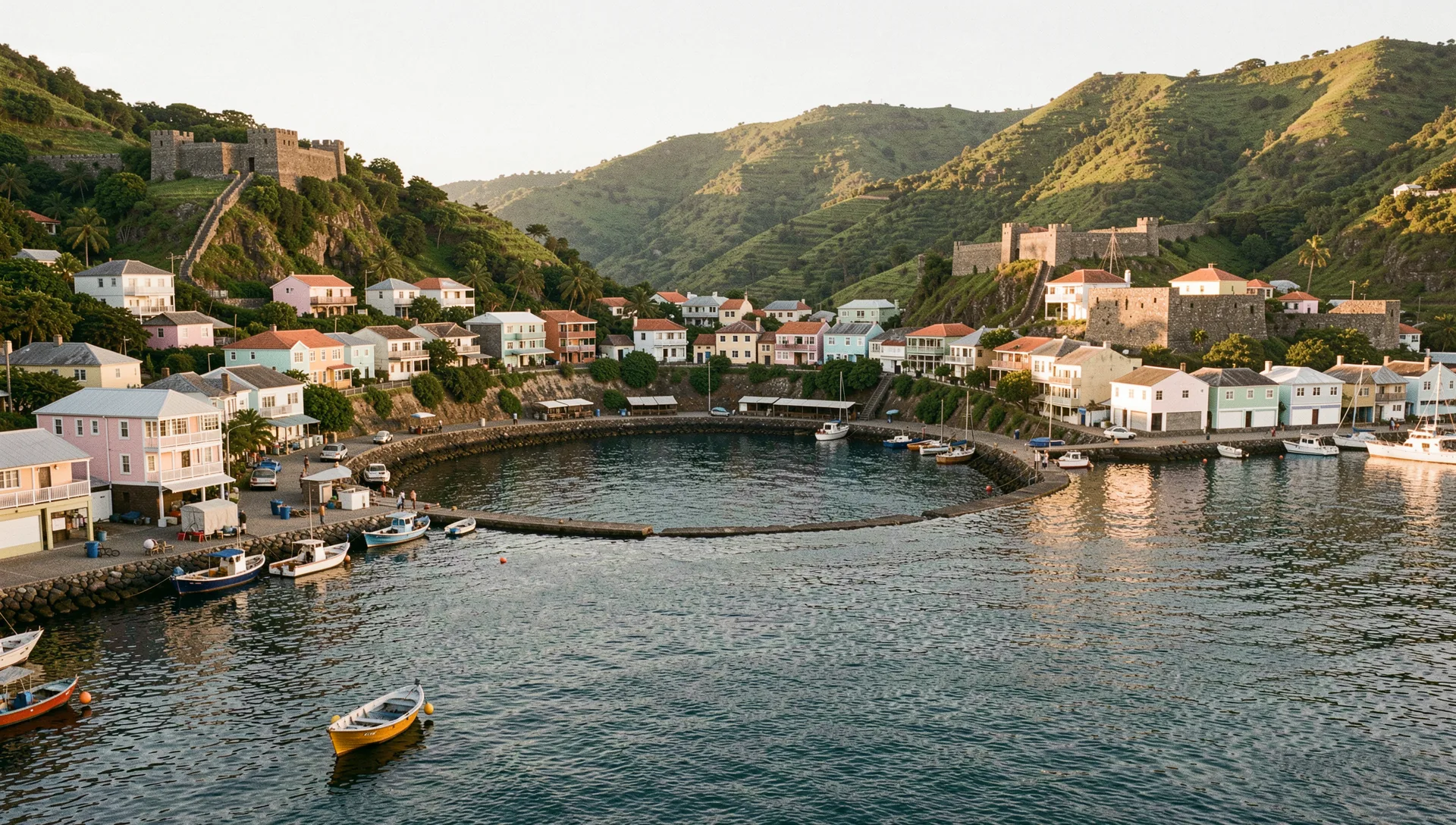 Grenada, Grenada, seen from the water at golden hour