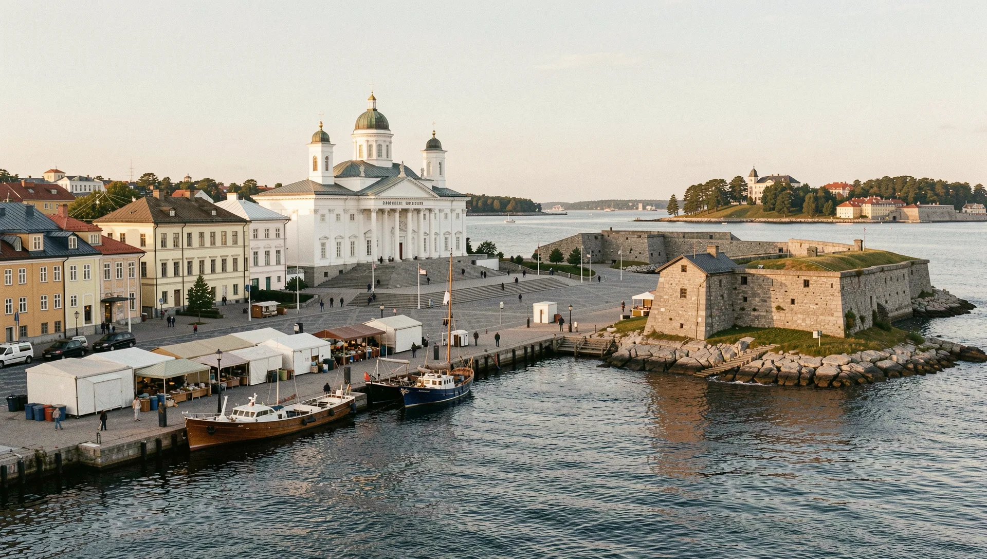 Helsinki, Finland, seen from the water at golden hour
