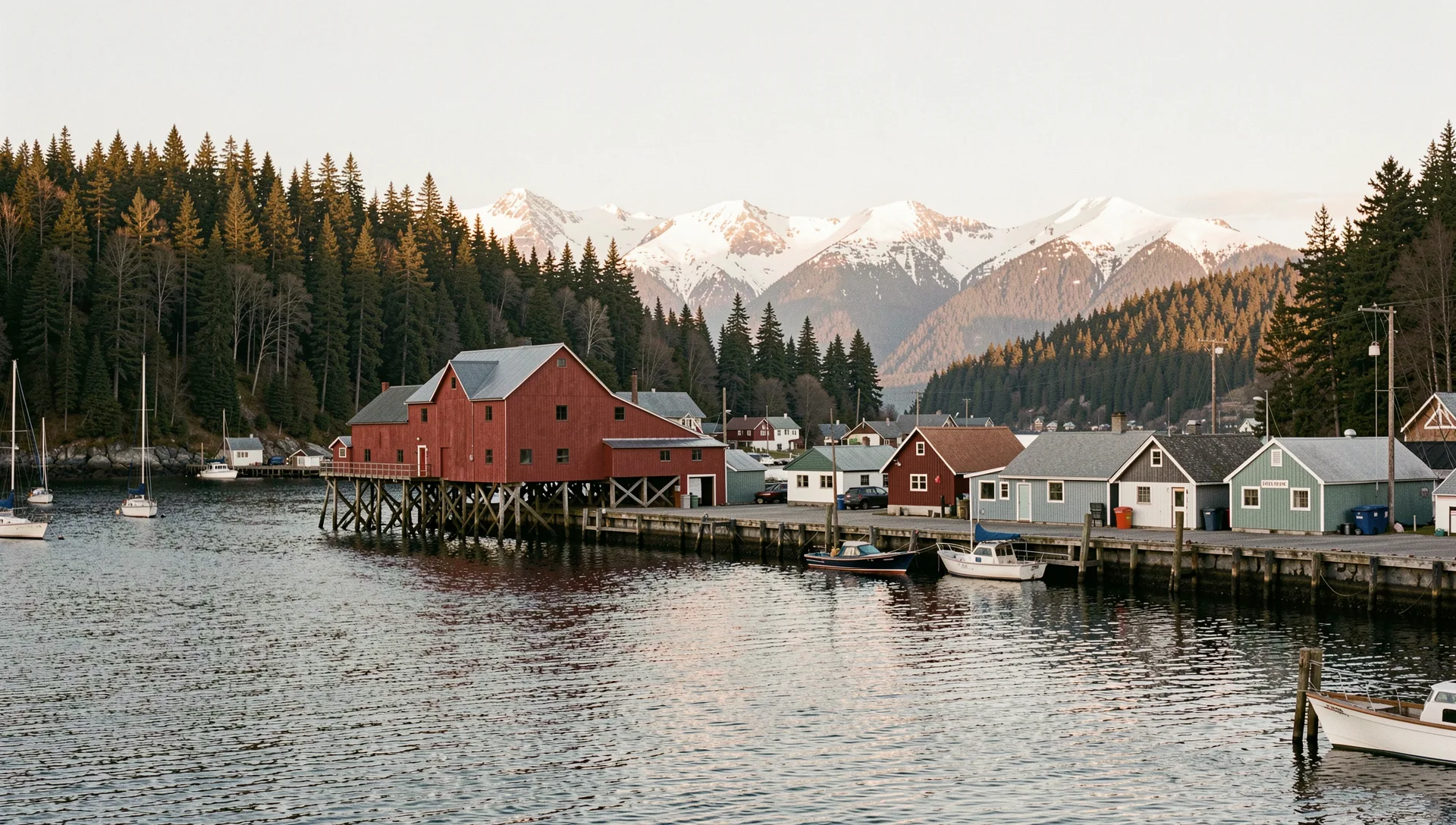 Icy Strait Point, United States, seen from the water at golden hour