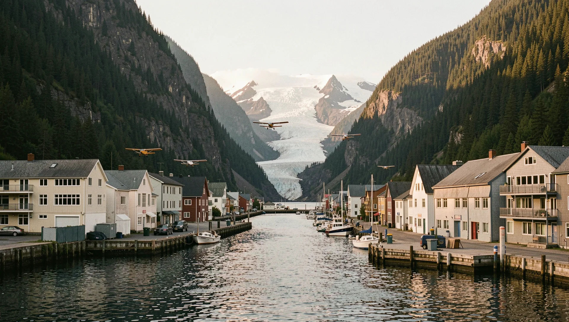 Juneau, United States, seen from the water at golden hour