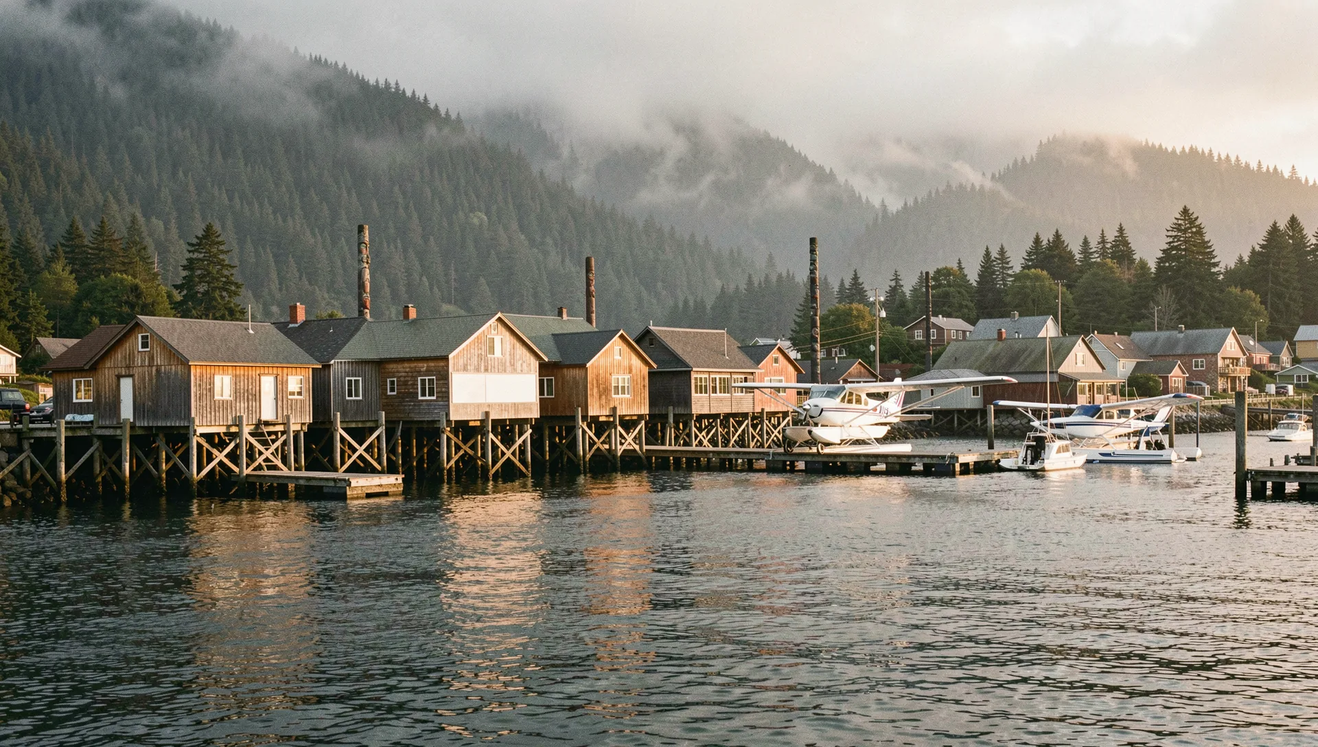 Ketchikan, United States, seen from the water at golden hour