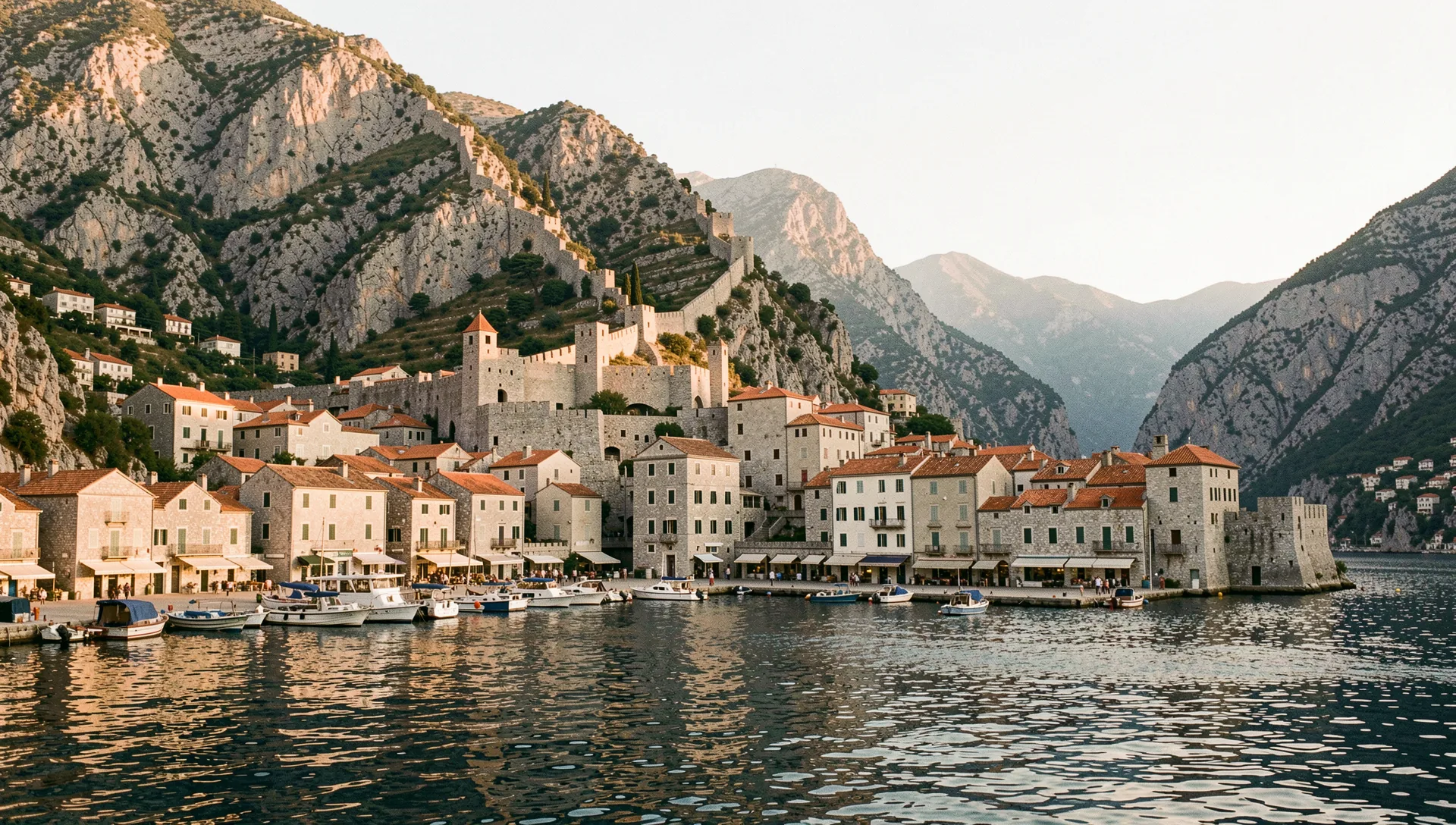 Kotor, Montenegro, seen from the water at golden hour