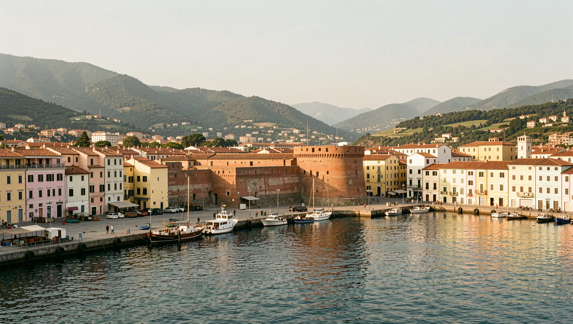 Livorno, Italy, seen from the water at golden hour