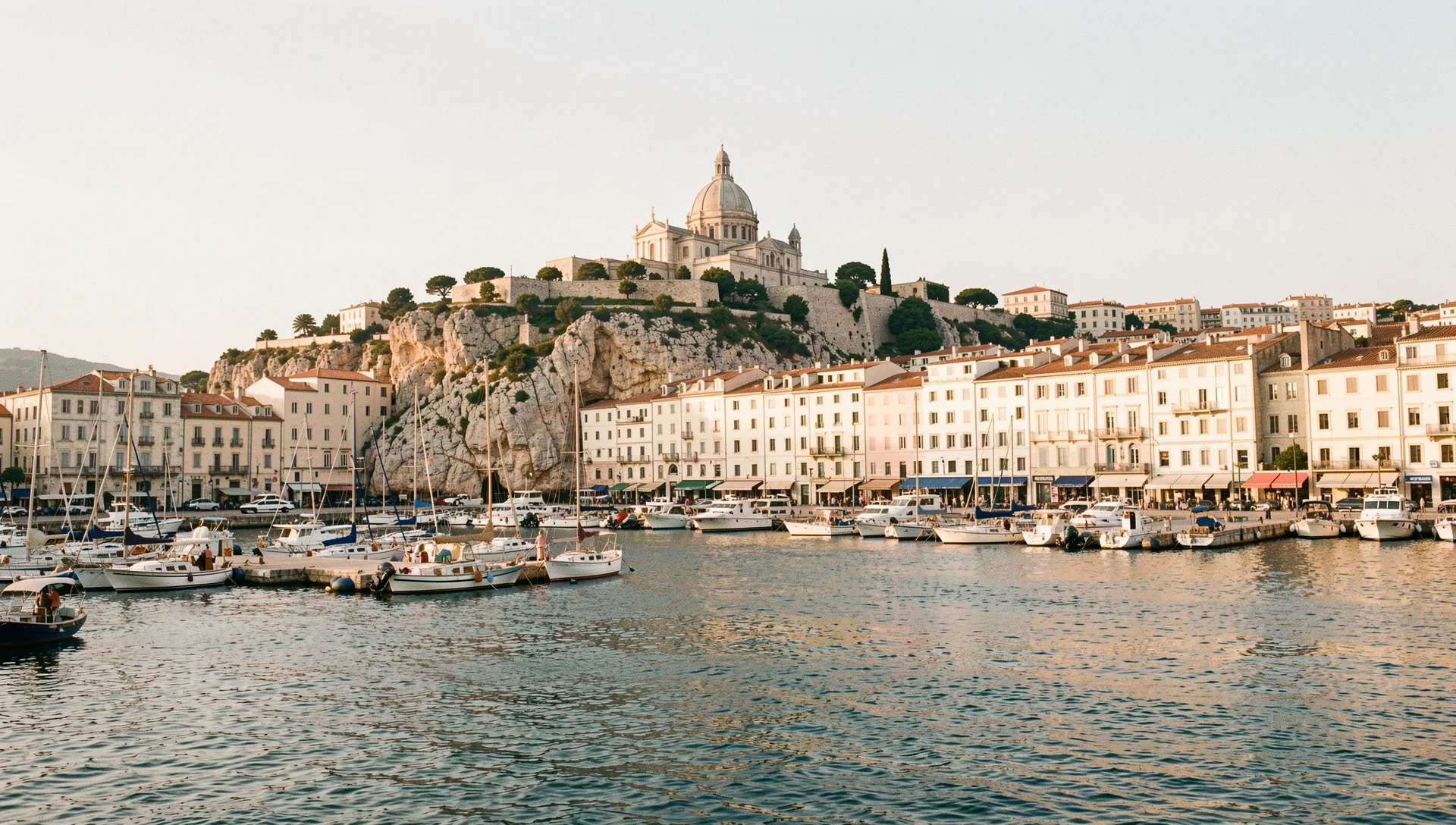 Marseille, France, seen from the water at golden hour