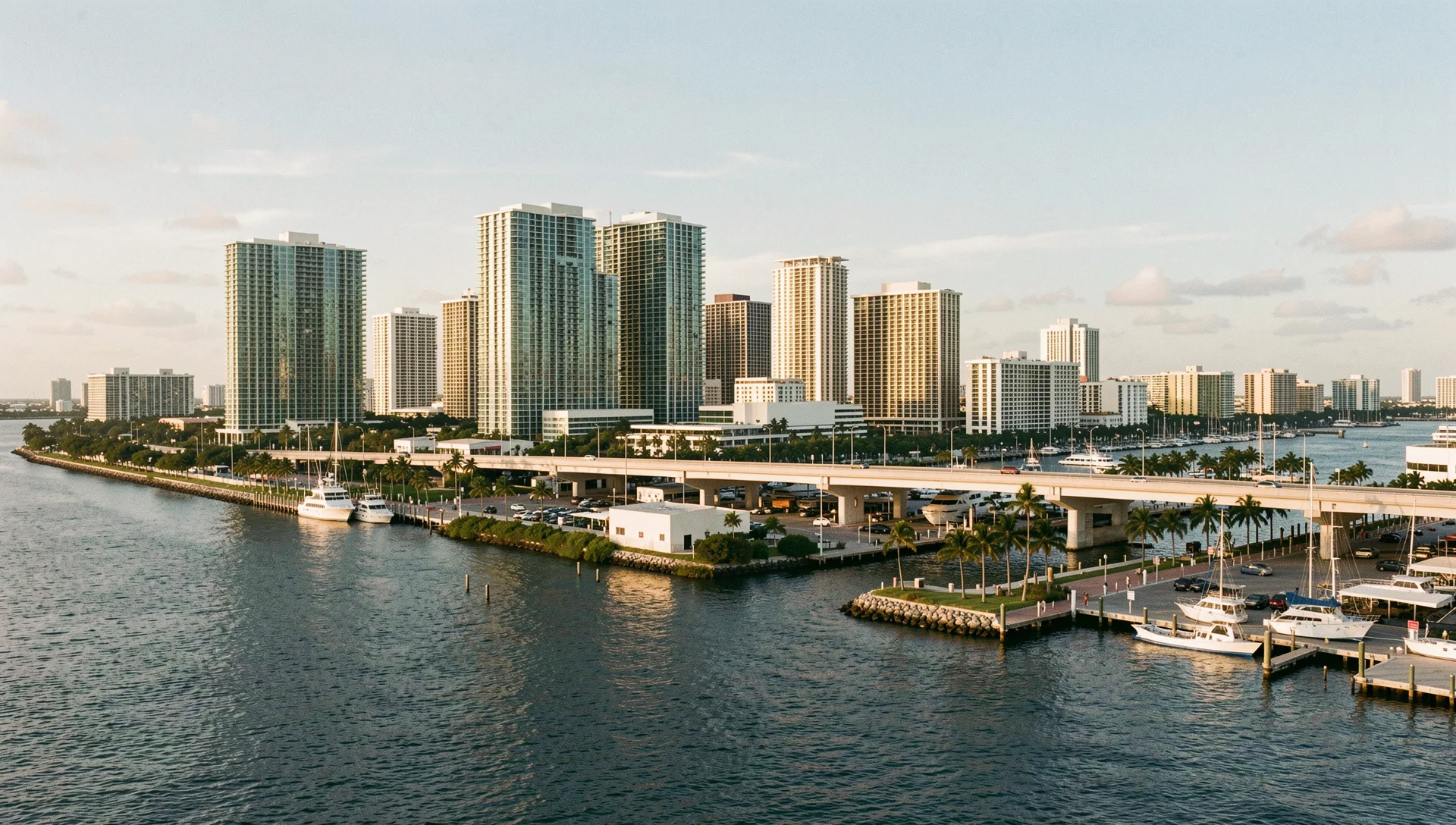 Miami, United States, seen from the water at golden hour