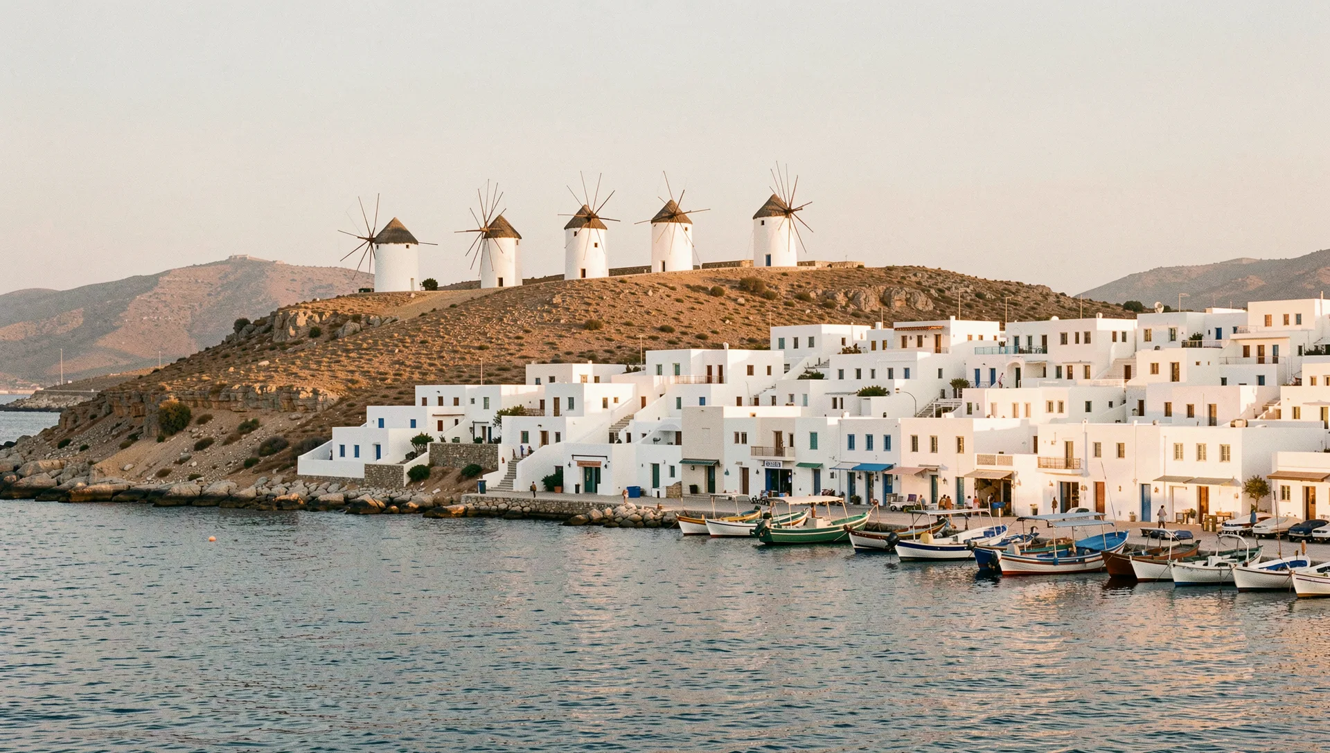 Mykonos, Greece, seen from the water at golden hour
