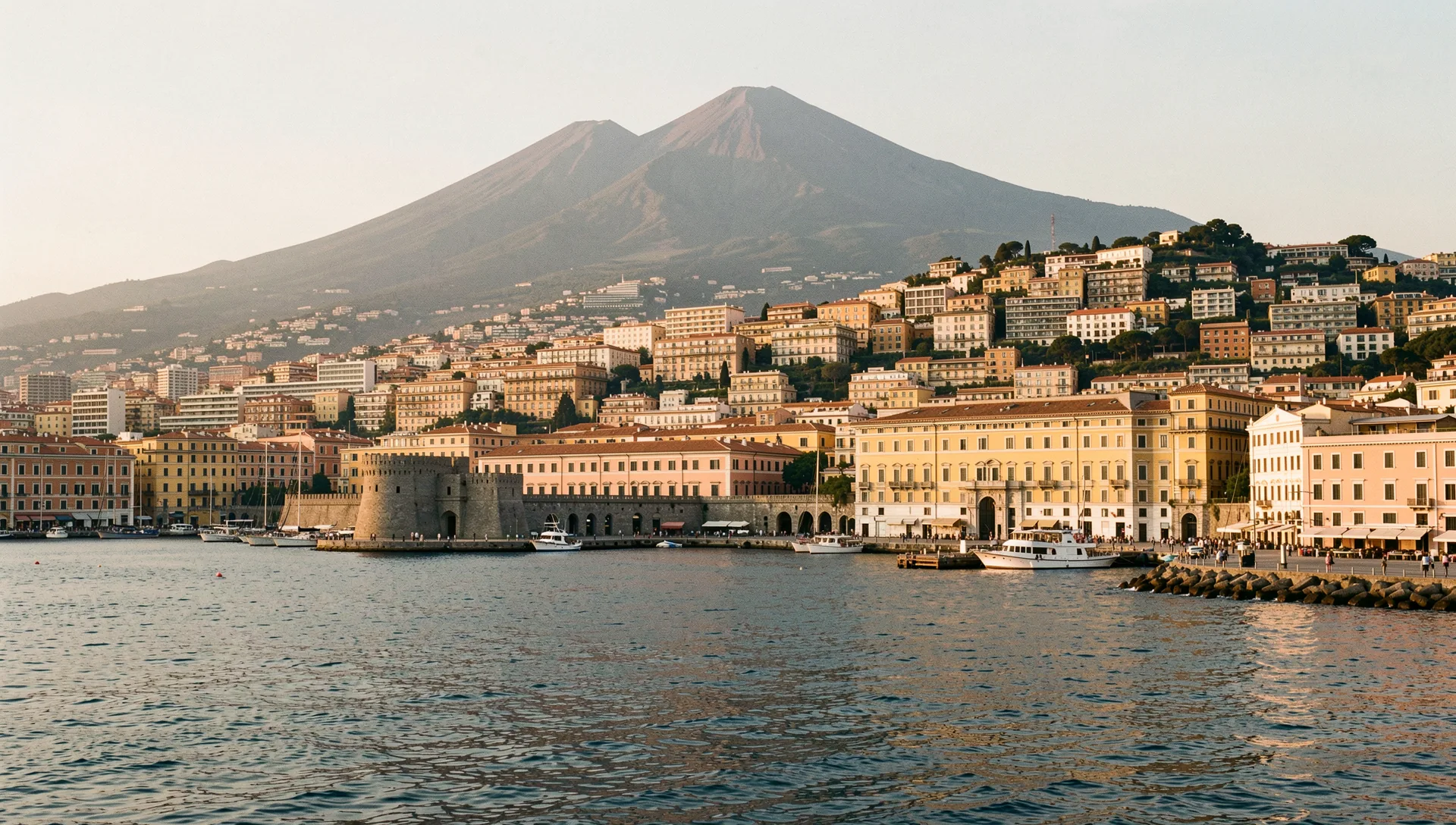 Naples, Italy, seen from the water at golden hour