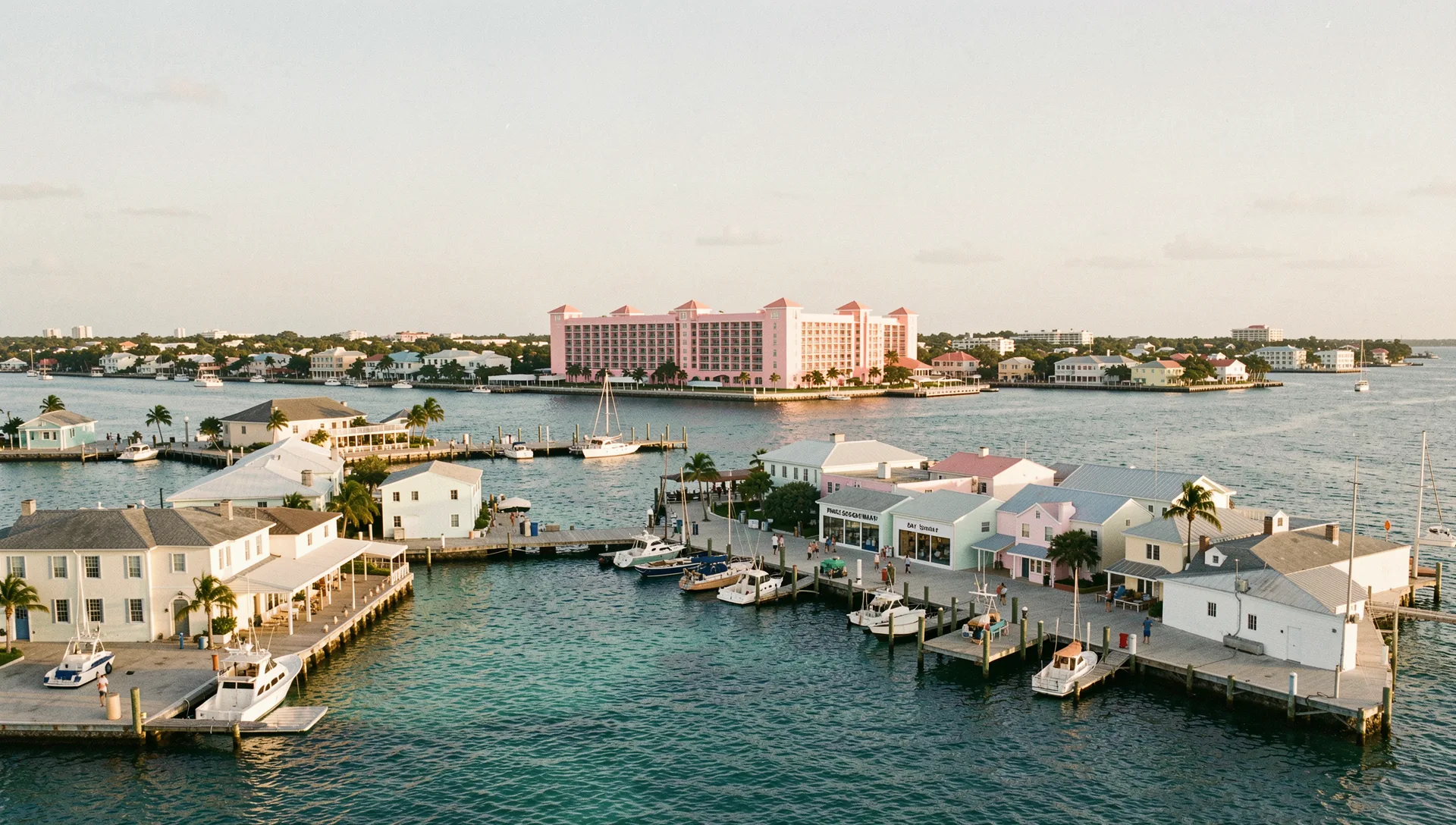 Nassau, Bahamas, seen from the water at golden hour
