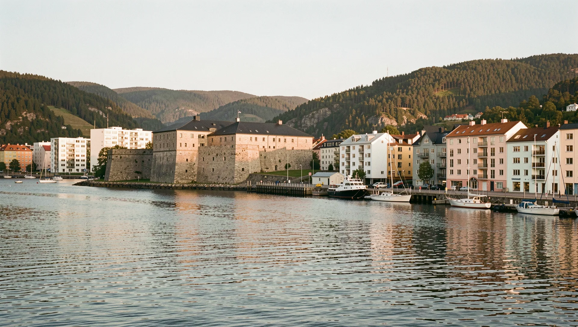Oslo, Norway, seen from the water at golden hour