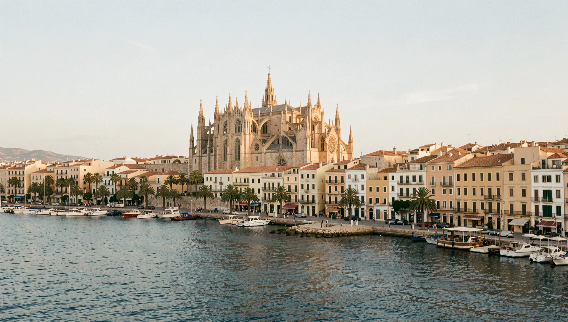 Palma de Mallorca, Spain, seen from the water at golden hour