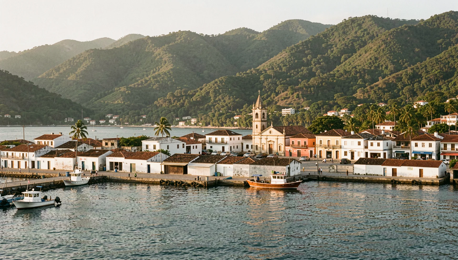 Puerto Vallarta, Mexico, seen from the water at golden hour