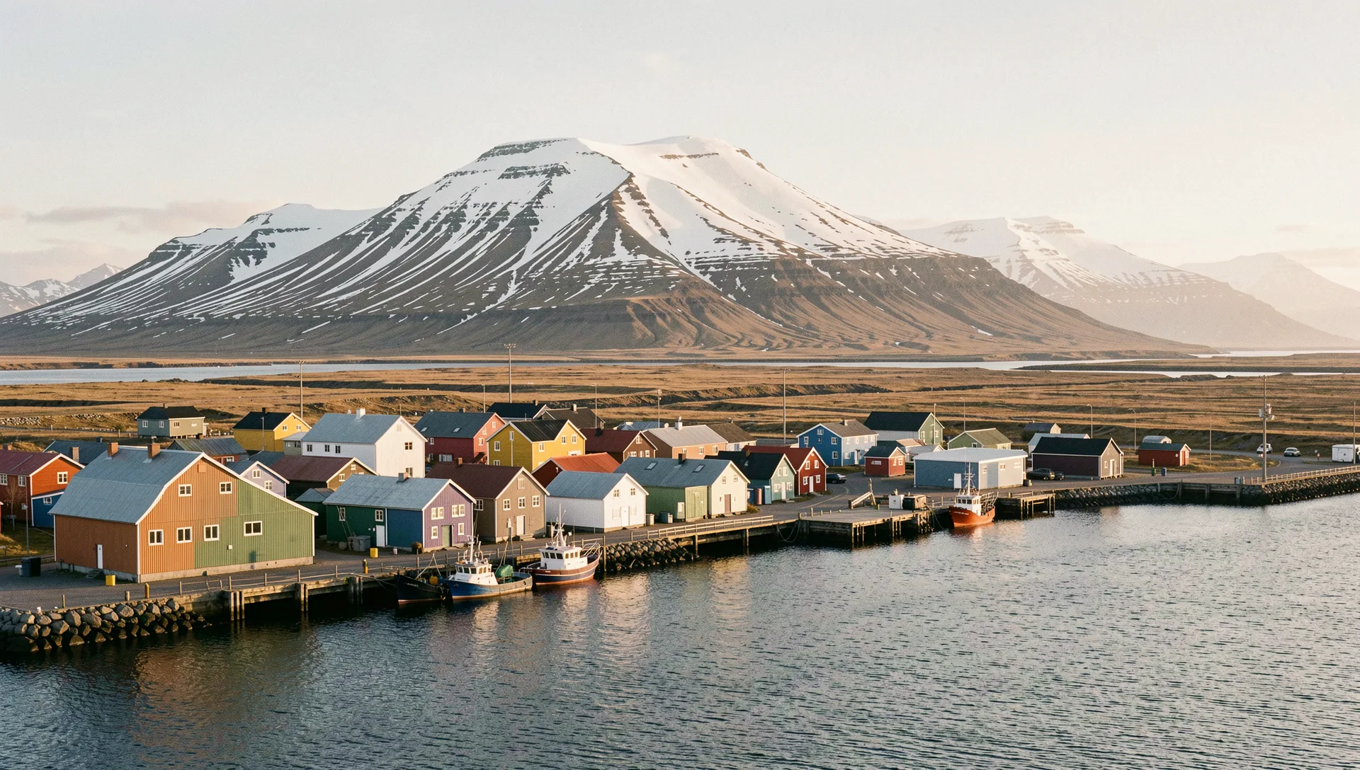 Reykjavík, Iceland, seen from the water at golden hour