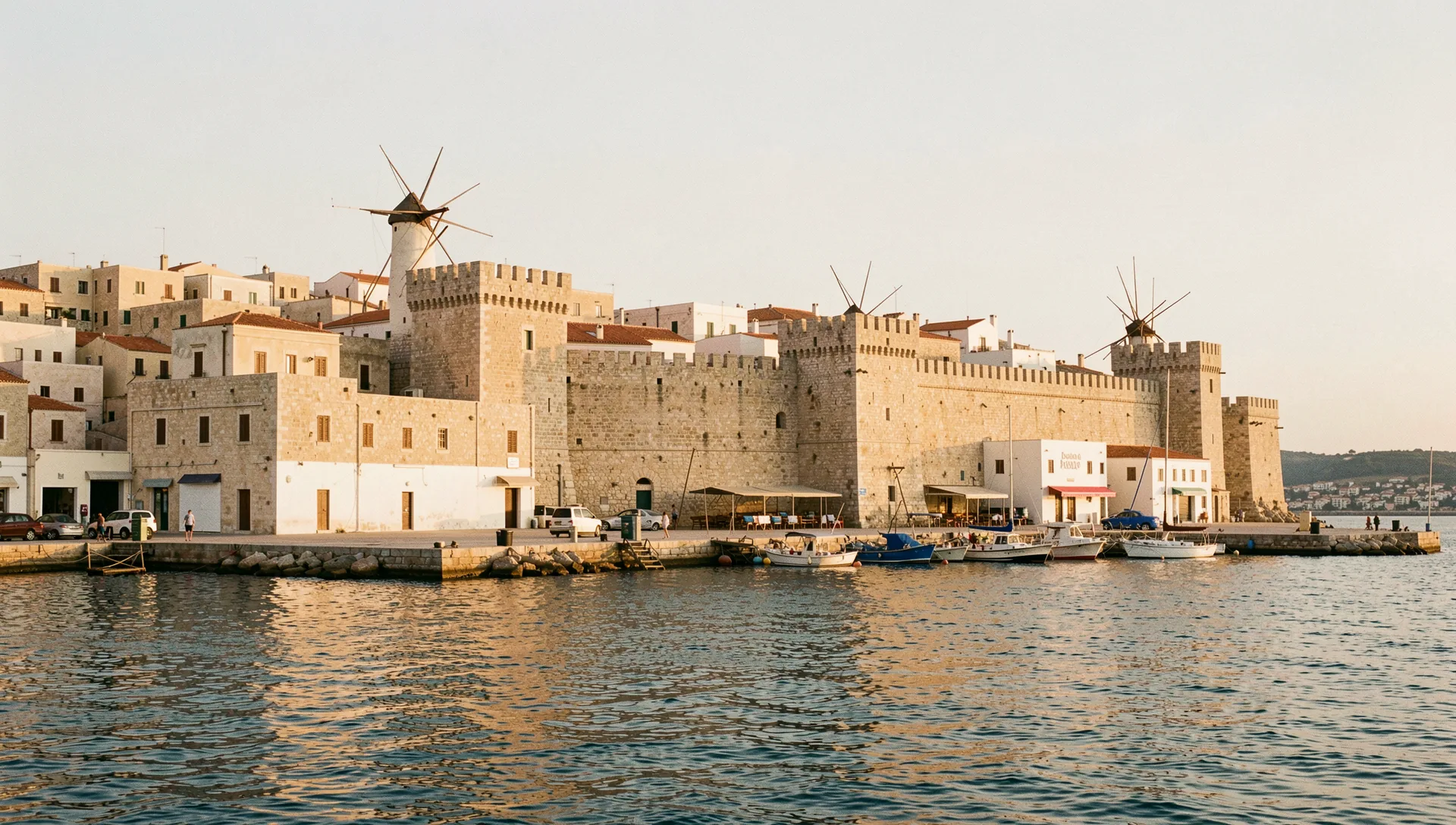 Rhodes, Greece, seen from the water at golden hour