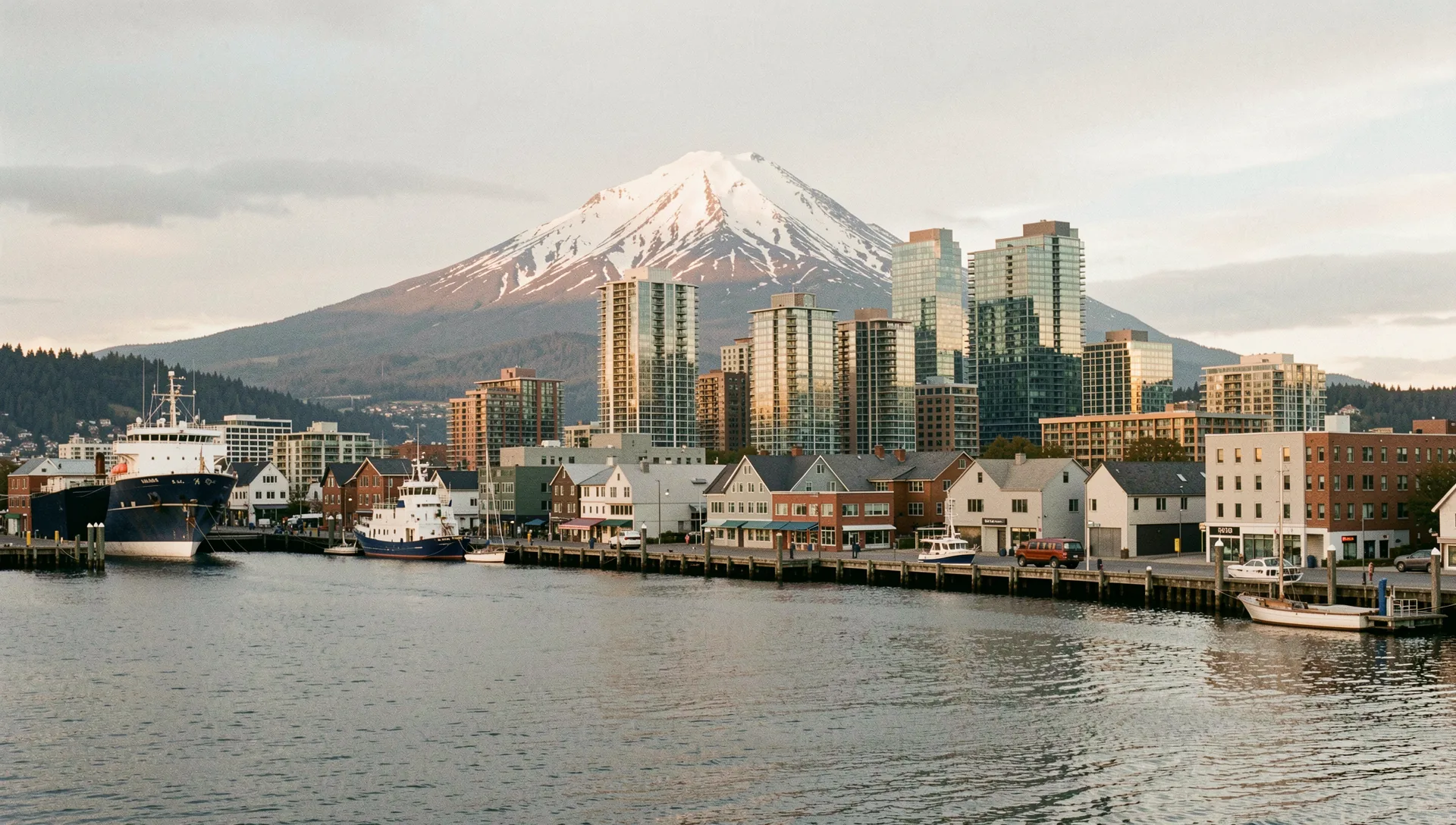 Seattle, United States, seen from the water at golden hour