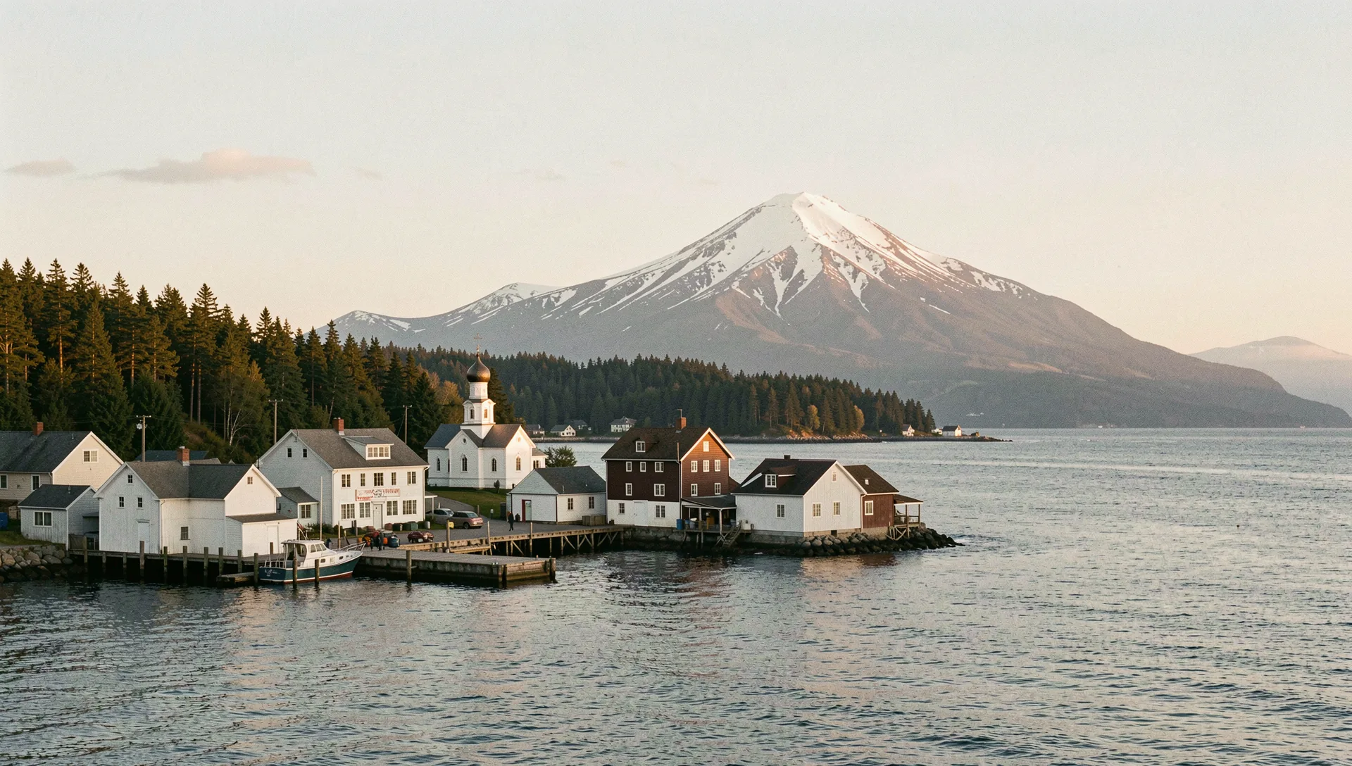Sitka, United States, seen from the water at golden hour