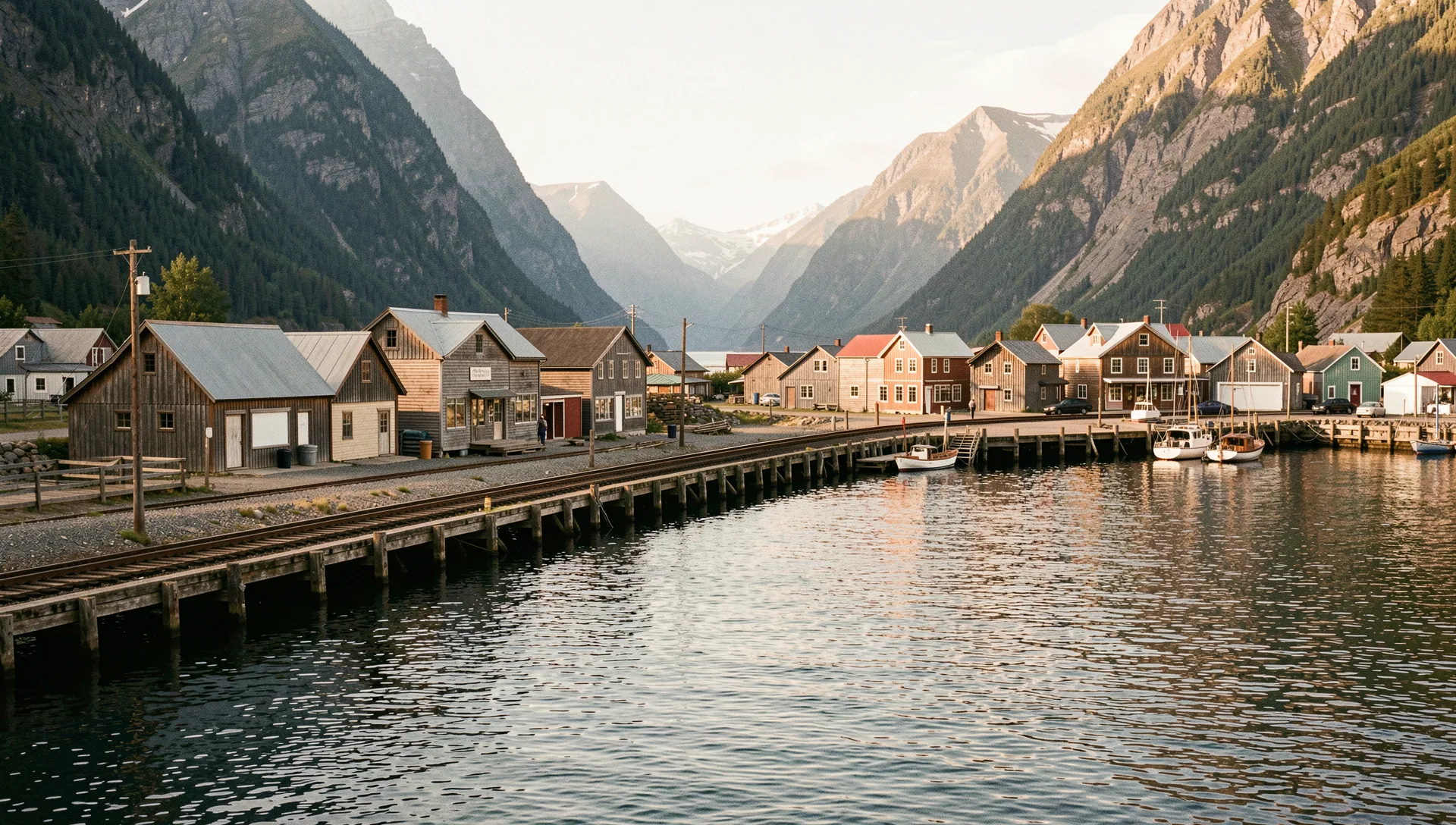 Skagway, United States, seen from the water at golden hour