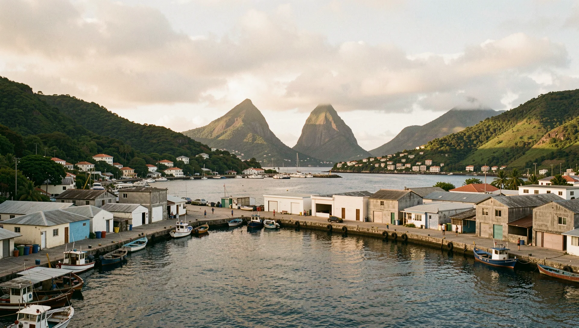 St. Lucia, Saint Lucia, seen from the water at golden hour