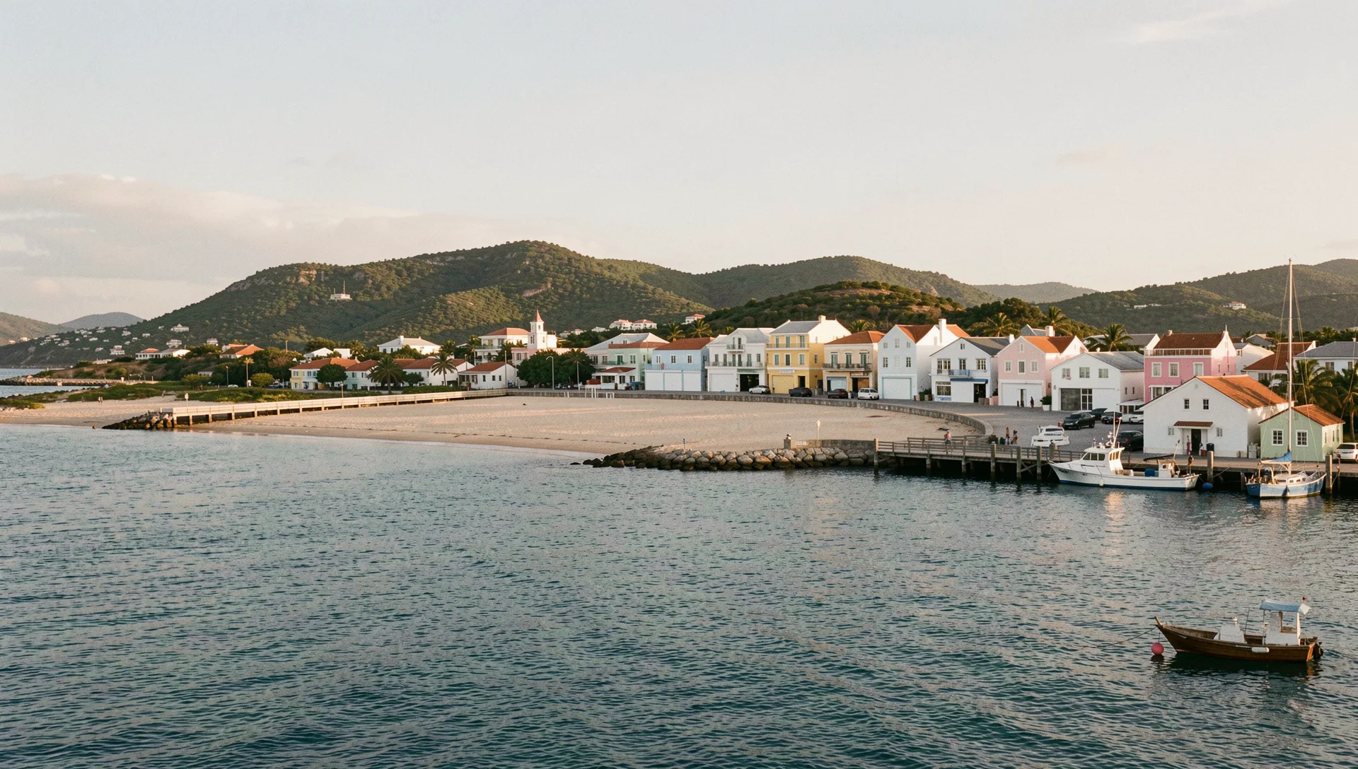 St. Maarten, Sint Maarten, seen from the water at golden hour