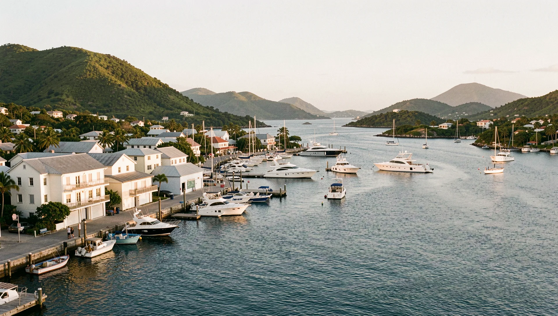 Tortola, British Virgin Islands, seen from the water at golden hour