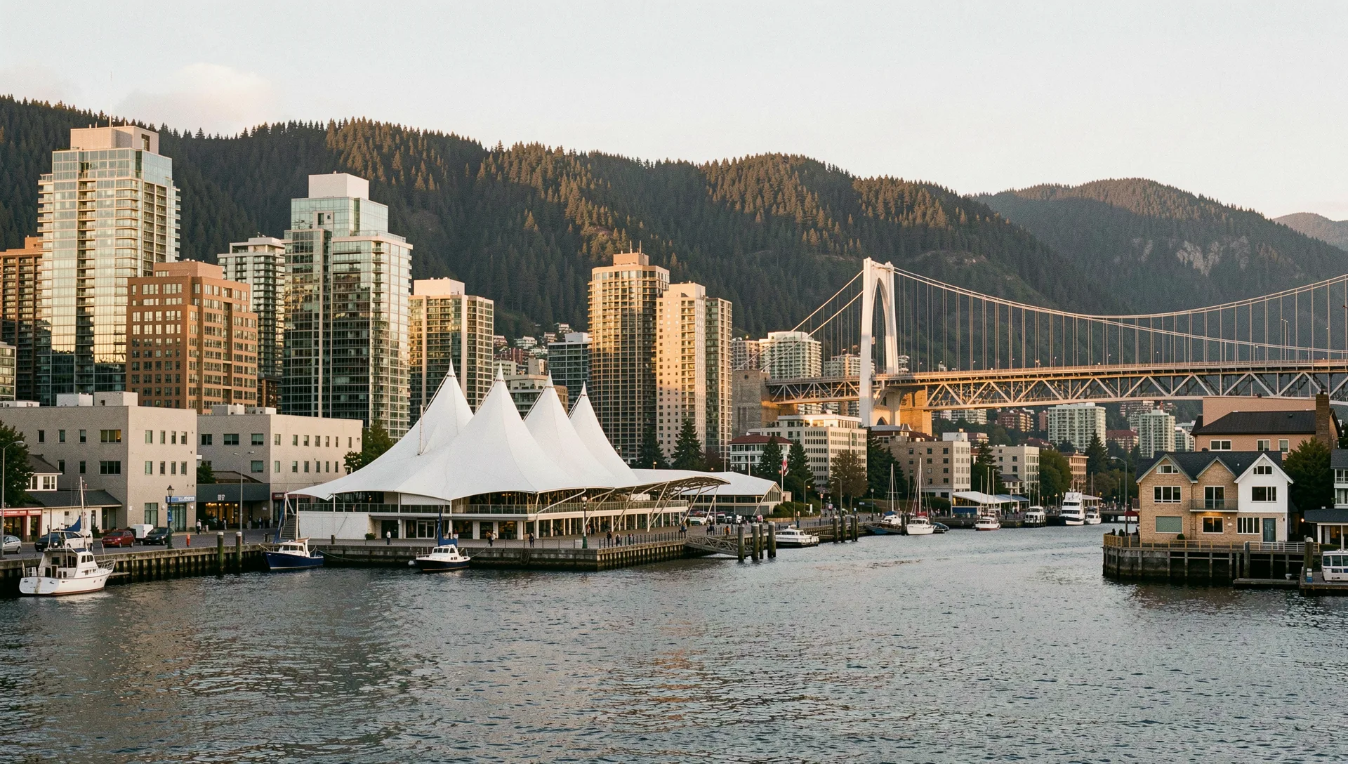 Vancouver, Canada, seen from the water at golden hour