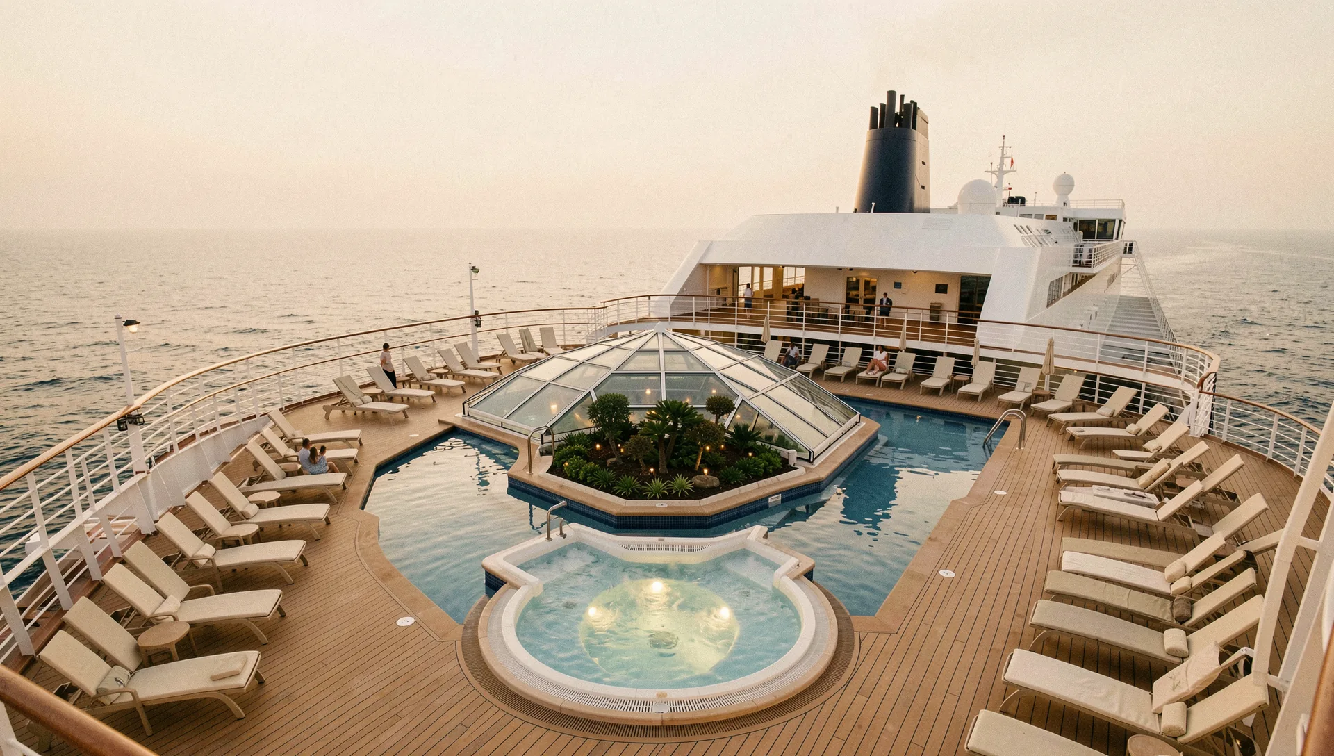 The pool deck of Celestia at golden hour