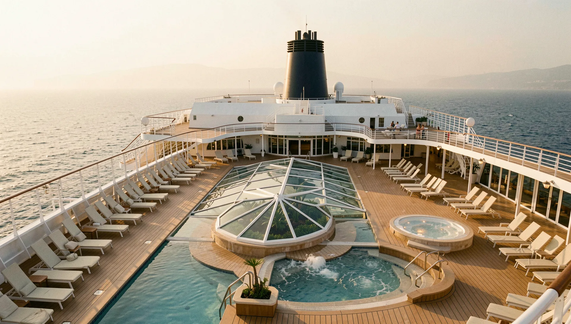 The pool deck of Lyra at golden hour