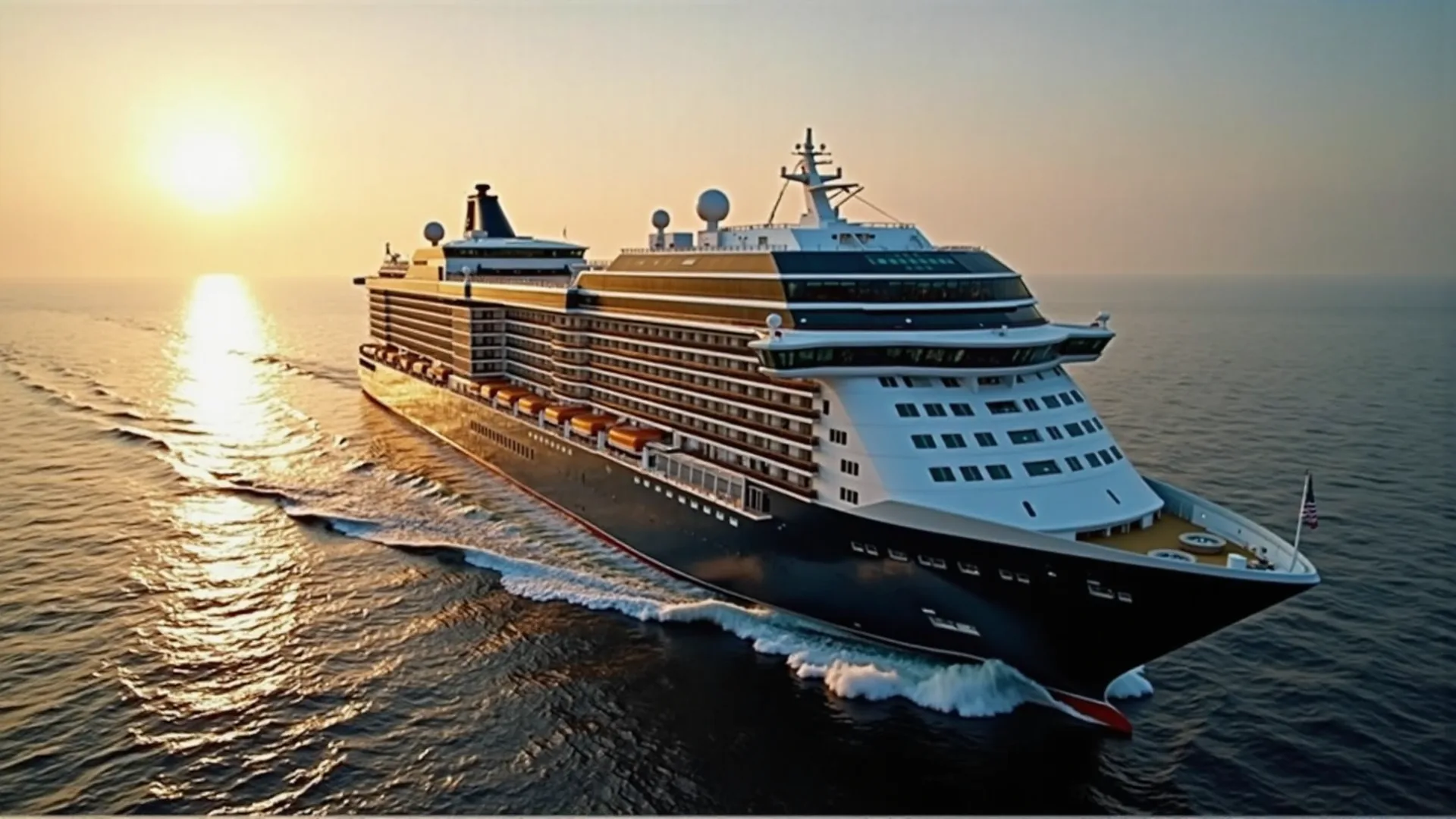 Meridian Aurora, sister to Meridian Horizon, under way on open water at sunset.