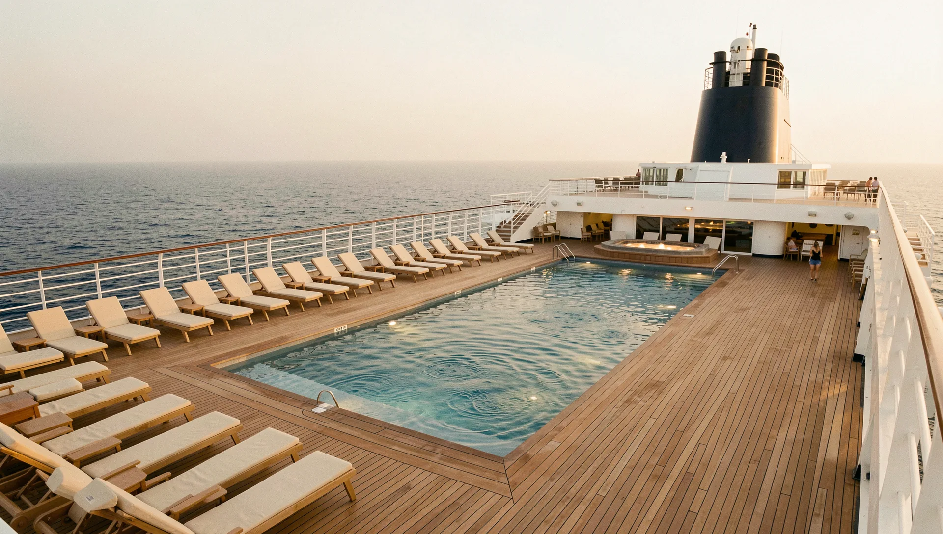 The pool deck of Meridian Aurora at golden hour