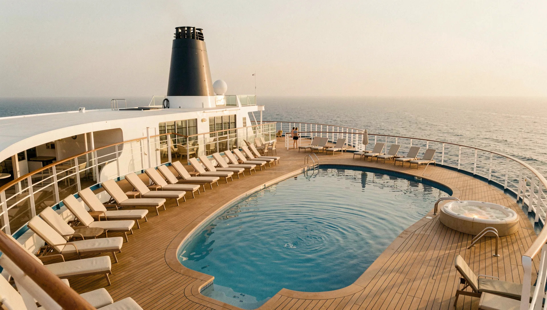 The pool deck of Meridian Horizon at golden hour
