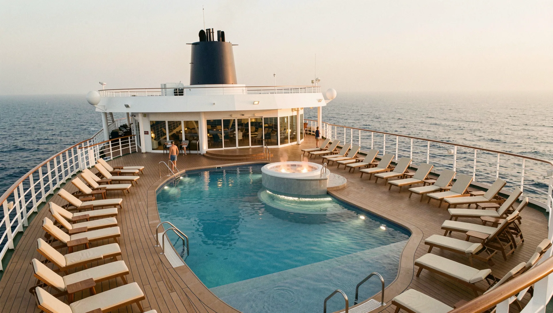 The pool deck of Solstice at golden hour