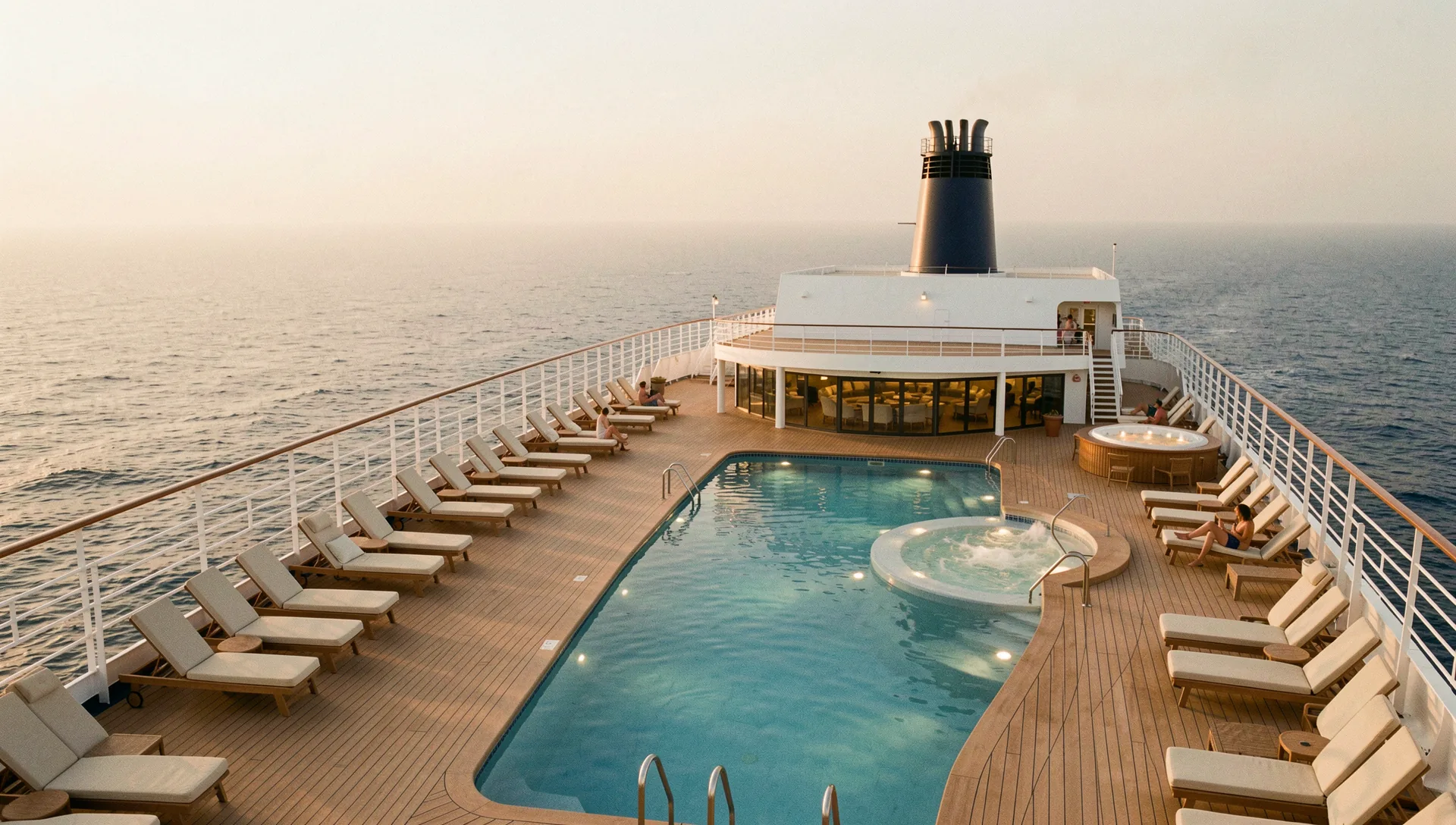 The pool deck of Vanguard at golden hour